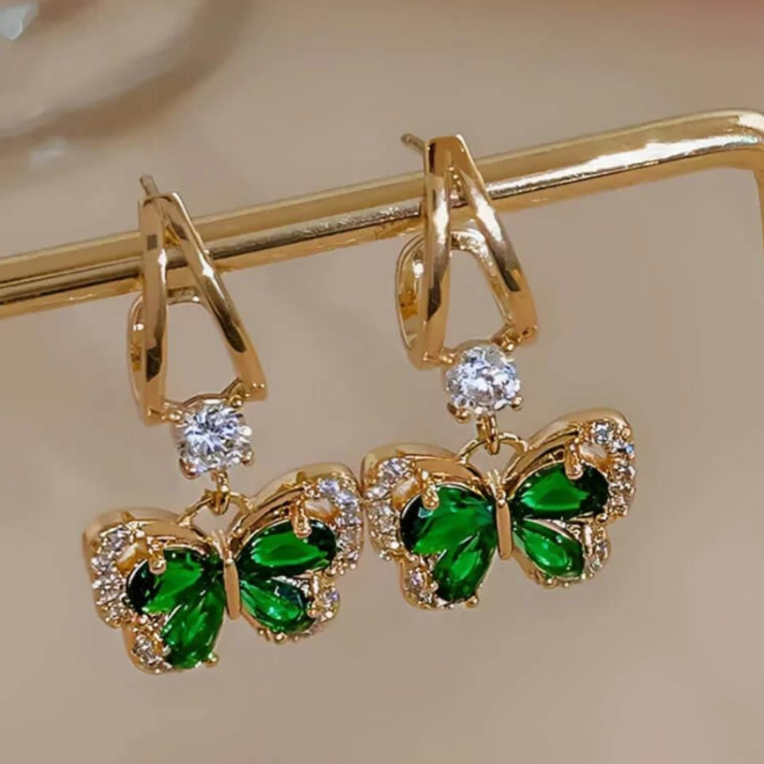 Aretes de Mariposa con Cristal Verde - Chapado en oro 18k  - Joyería Fina y Exclusiva