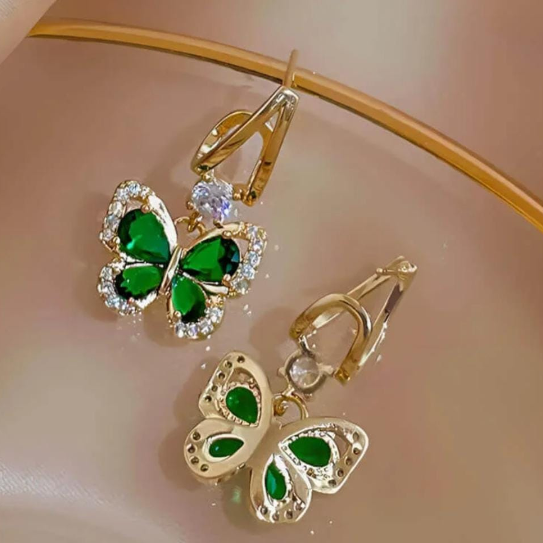 Aretes de Mariposa con Cristal Verde - Chapado en oro 18k  - Joyería Fina y Exclusiva