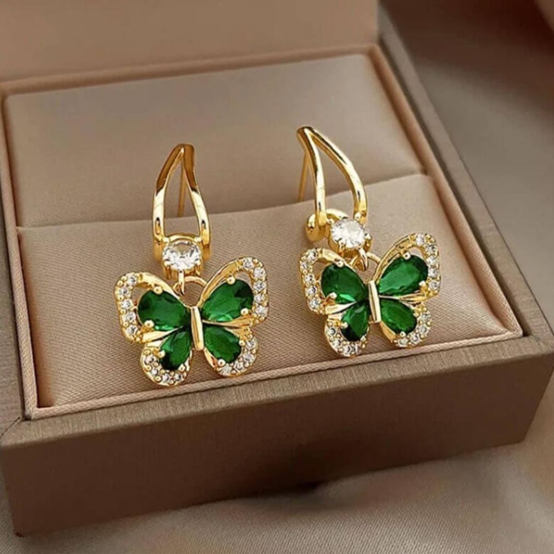 Aretes de Mariposa con Cristal Verde - Chapado en oro 18k  - Joyería Fina y Exclusiva