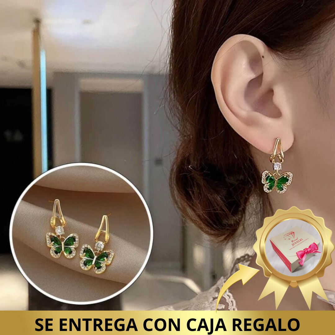 Aretes de Mariposa con Cristal Verde - Chapado en oro 18k  - Joyería Fina y Exclusiva