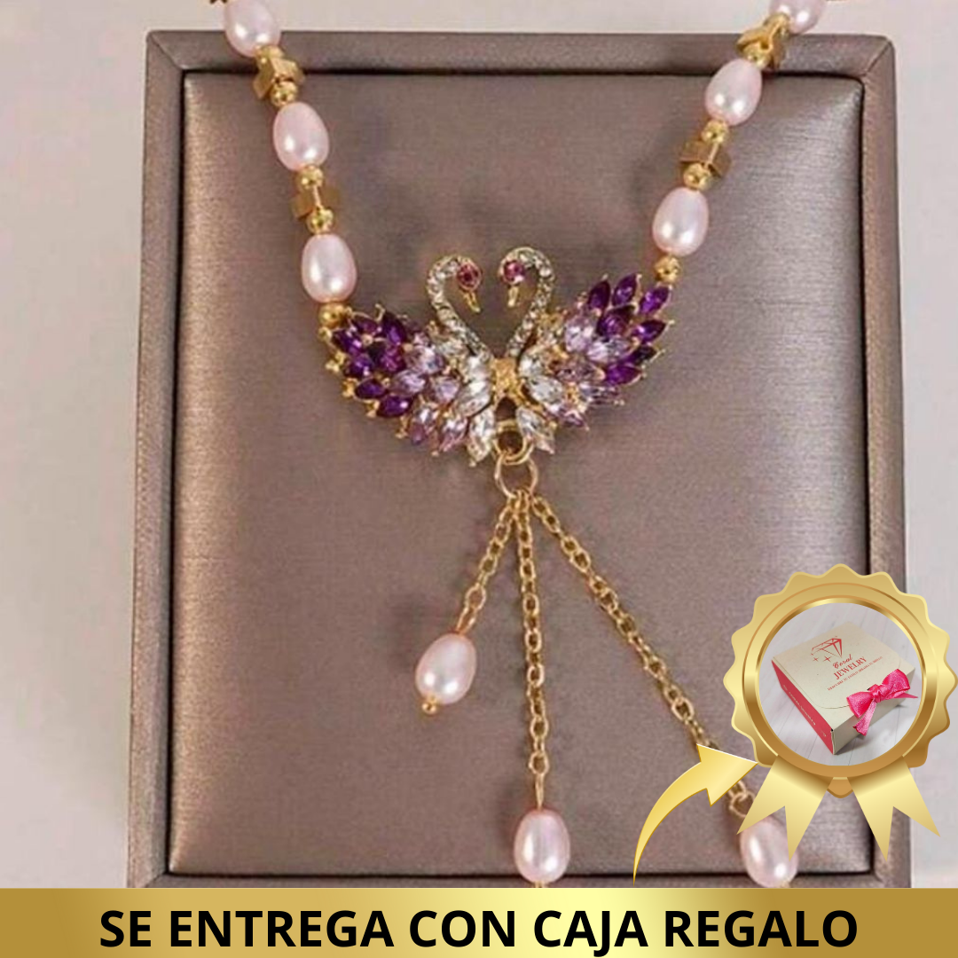 Collar de Cisnes y Perlas rosas - Chapado en Oro 18K